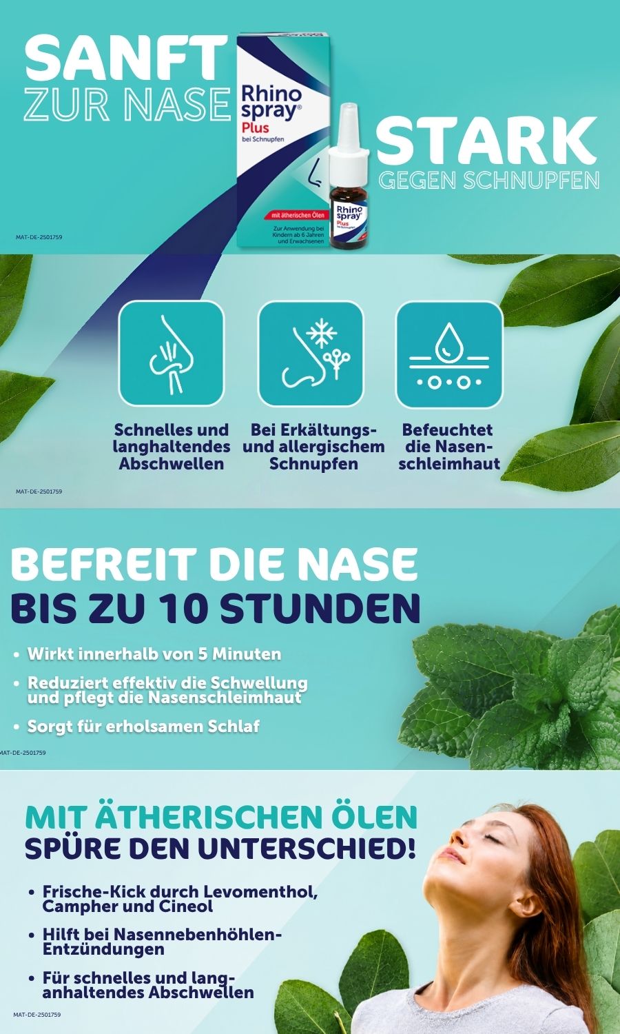 Nasenspray, Packung, Icons, Text. Text: Sanft zur Nase, stark gegen Schnupfen. Rhinospray Plus.